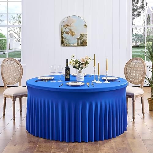Outpain 8 Pack Royal Blue Spandex Round Tablecloth for 60in Tables, 120Inch Stretchy Fitted 5FT Round Table Clothes,Wrinkle Free Table Cover with Skirt for Wedding Party Dining Banquet - Image 6
