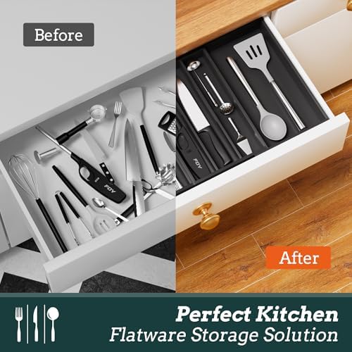Bamboo Expandable Silverware Drawer Organizer 11 Slots Utensil Holder Black | Magnetic Adjustable Connection, 21-37.4 Inch Telescopic, 11 Divided Compartments, Black Bamboo, Classify All Kitchen Flatware - Image 7
