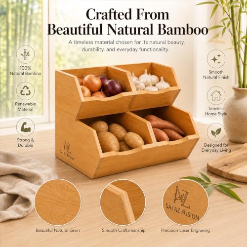 Bamboo Pantry Storage Bins - Set of 4 (2 Large, 2 Small) Stackable Potato and Onion Storage Bin Set - Produce Organizer for Kitchen Organization and Storage - Fruit and Vegetable Baskets - Image 6