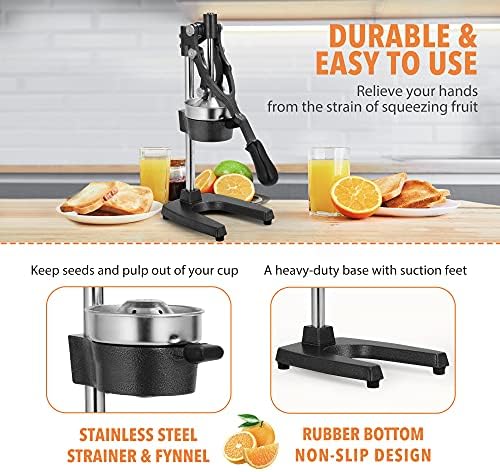 19 Inch Height Extra Tall Commercial Heavy Duty Cast Iron Hand Press Manual Orange Citrus Lemon Lime Grapefruit Pomegranate Fruit Juice Squeezer Machine with Stainless Steel Cup Black - Image 6