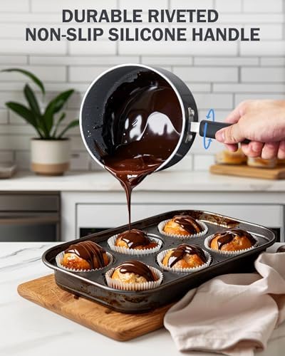 Cook N Home Professional 2 Quart Nonstick Saucepan with Lid, Heavy Aluminum Non Stick Small Sauce Pan, Everyday Cooking Pot with Stay-Cool Silicone Handle, Induction Ready, Black/Marble - Image 6