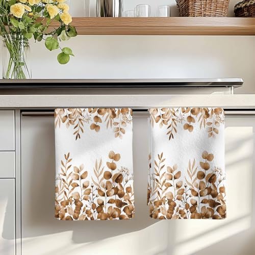 Brown Eucalyptus Kitchen Towels Set of 3, Absorbent Dish Towels for Kitchen, Botanical Summer Leaves Country Floral Microfiber Hand Towel, Quick Drying Tea Towel for Cleaning Decorative Dishcloths - Image 7
