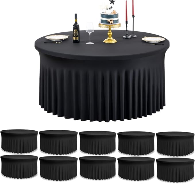 leegleri 10 Pack Spandex Black Round Tablecloths for 72in Table, Wrinkle Free Fitted 6FT Round Table Cover with Skirt for Wedding Birthday Party Bridal Shower Banquet - Image 8