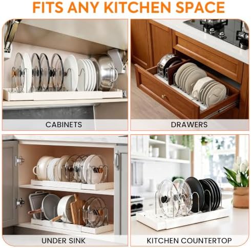 2 Pack Expandable Pots and Pans Organizer under Cabinet, Adjustable Pot Lid Organizer Rack with 9 Stainless Steel Dividers, Food Container Lid Holder for Kitchen Countertop Storage (White) - Image 7