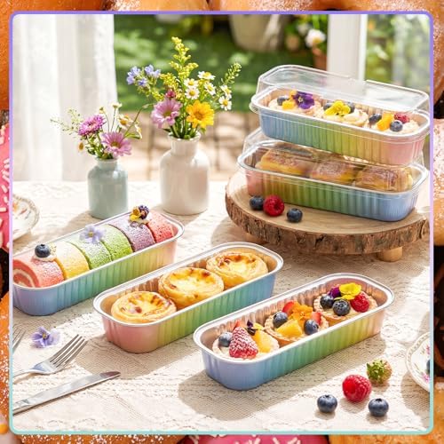 Qunclay 200 Pcs Aluminum Foil Mini Loaf Pans with Lids 6.8 oz Disposable Mini Cake Pan with Lid Rectangle Baking Cups for Party Muffin Cheesecake Ramekins(Rainbow) - Image 6