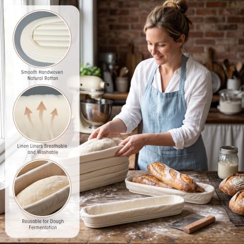 Vesici 17 Inches Baguette Banneton Proofing Basket 6 Pack with Linen Liner Baguette Banneton Bread Baking Baskets Rattan Dough Proofing Baskets for Home Bake, Bakers Supplies, Baking Gifts - Image 6