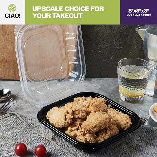 CIAO! 8"x8"x3" Polypropylene Black bottom with Clear Lid Hinged Container 1 Compartment Take Out Container, Microwavable, Recyclable and Reusable, (Case of 150) - Image 7