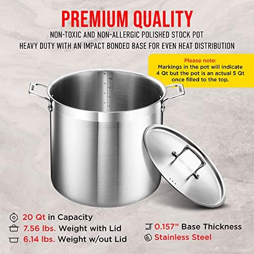 Stainless Steel Stockpot with Lid 20 Quart, Durable 18/8 Stainless Steel, Impact-Bonded Base for Even Heating, Riveted Handles, Oven & All Stove Compatible, Safe Up To 500°F (260°C) - Image 6