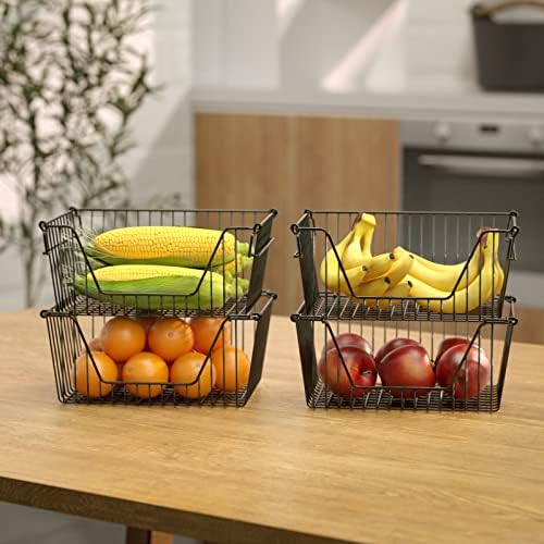 Slideep 14'' Black Stackable Storage Baskets Sturdy Metal Wire Freezer Bins Cabinet Organizer for Pantry Home Bathroom Kitchen Organization- Set of 2 - Image 5