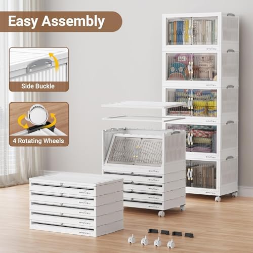 BROVIEW 600Qt Stackable Storage Bins with Lid, Extra Large Closet Organizer Collapsible Drawer Boxes with Wheels, Folding Plastic Cabinet Containers for Home Kitchen Room Organization, 5Pack White - Image 6