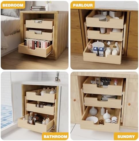 Pull Out Cabinet Organizer, 14''W×21''D×19''H Soft Close Slide Out Wooden Pull out Drawers, Three Tier Slide out Wood Cabinet Organizer, for Base Cabinet Organization in Kitchen, Pantry, Bathroom - Image 6