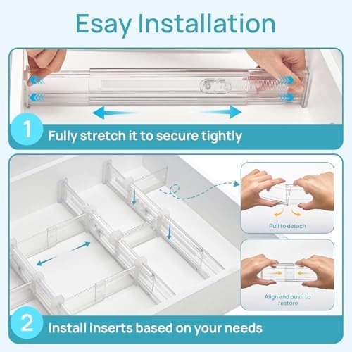 Vtopmart 2.36" Drawer Dividers with Expandable Inserts, 12.8"-22.3", 8 Pack | Adjustable Kitchen Drawer Organizer, Clear Organizer Separator for Flatware, Utensil, Cutlery, 8 Dividers with 14 Inserts - Image 6