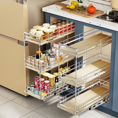 ROOMTEC 3-Tier Pull Out Cabinet Organizer Spice Rack for Narrow Cabinet 5" W x 20½" D, Slide Out Wood Shelves Storage for Kitchen - Image 6
