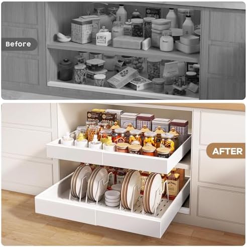 Seinloes 2Pack Pull out Cabinet Organizer 21"Deep with 4 Adjustable Dividers,Expandable(12.1"-20.4"W) Pots and Pans Organizer Under Cabinet with Raising Pad for Framed Cabinets,Slide out Drawers,White - Image 6