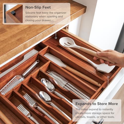 KitchenEdge Silverware & Utensil Drawer Organizer, 14.5-25 in, Acacia | Cutlery, flatware, food-safe contract grade, kitchen drawer fit - Image 6