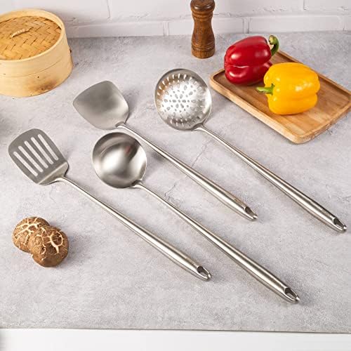 17″ Wok Utensils - Wok Spatula and Ladle, Skimmer Spoon, Slotted Spatula | 304 Stainless Steel Kitchen Utensils Set, 4-Pieces Extra Long Handle Cooking Tools, All Metal Chinese Wok Accessories - Image 6