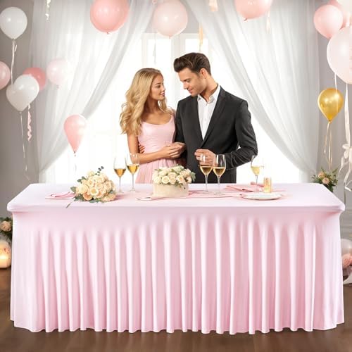 PARTISKY 2 Pack Pink Table Cover for Rectangle Tables 6ft,One-Piece Spandex Elastic Table Cloth with Skirt for Wedding Folding Table Banquet Baby Shower & Birthday Parties - Image 6