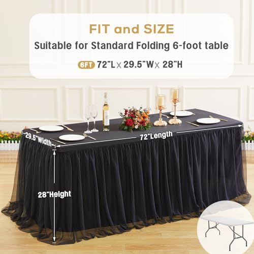 2 Pack Black Tulle Tablecloths for 6 Foot Rectangular Tables, 72 x 30 Inch Black Rectangle Table Cloths, Wrinkle Free Table Cover with Tutu Skirt for Wedding Birthday Party Banquet Buffet Decorations - Image 6