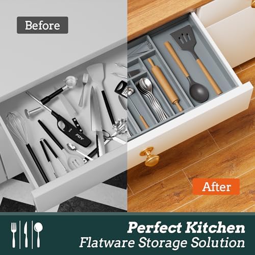 Magnetic Expandable Silverware Drawer Organizer, 13 Slots Utensil Gray | Magnetic Connected, Expandable 21-37.4 Inch, 13 Divided Slots, Gray Cutlery Utensil Organize Kitchen - Image 7