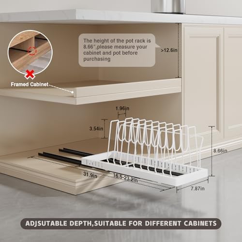 Magheo Pots and Pans Organizer Under Cabinet, 22" Deep Expandable Pull Out Pot Lid Organizer and Storage with 10 Adjustable Dividers No Drill Pot and Pan Holder Rack with Handle Bracket(1 Pack,White) - Image 6