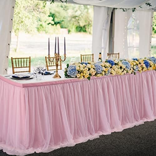 NSSONBEN 132in Dusty Rose Tulle Table Skirt for Rectangle Tables 6 ft(Cover Front&Both Sides)-2 Layer Tulle Tutu Cloth Rose Table Skirts 11ft for Teacher Tables Wedding Party Cake Dessert Baby Shower by ENJOYYOURPARTY