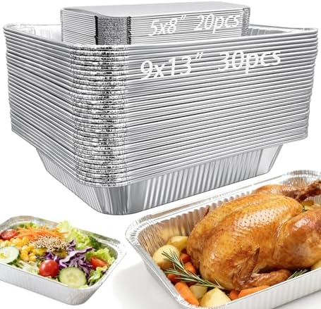 Notwoe® 50pc Aluminum Foil Pans Combo, Extra Heavy Duty, 30pc 9x13 Half Size & 20pc 8x5 Disposable Trays for Roasting, Lasagna, Steam Table Heating. (50 Pack no/Lids) by Notwoe