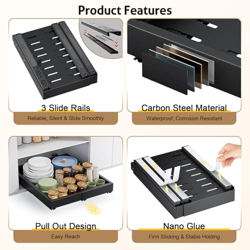 Upgrade Pull Out Cabinet Organizer, Expandable Width (11.4"-18.9") Depth (16.3"-21.7") Pull out Drawers for Cabinets with 3 Rails, No Drill Adhesive Film or Nail Slide out Drawers for Kitchen, Pantry - Image 6