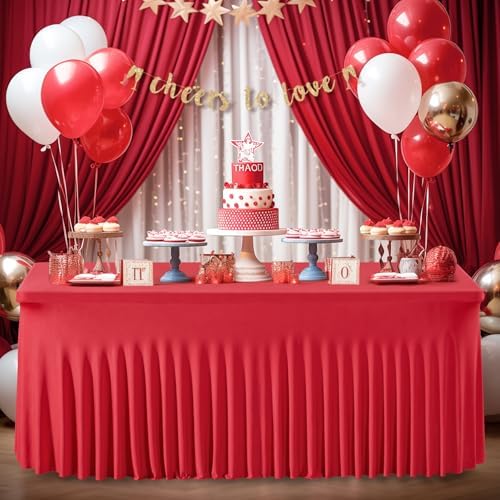 Wish Care 6 Pack Red Spandex Table Clothes for 8 Foot Rectangle Tables, 8FT Wrinkle Free Fitted Tablecloths Ruffles Design Table Cover for Party, Banquet, Wedding and Events - Image 6