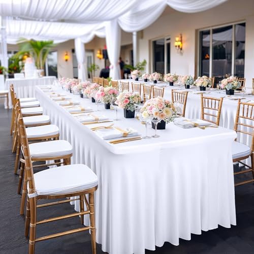 PARTISKY 2 Pack White Spandex Table Cloths for Rectangle Tables 8ft, White Table Skirt for Party, Table Cover with Skirt for Wedding Folding Table Banquet Baby Shower & Birthday Parties - Image 6