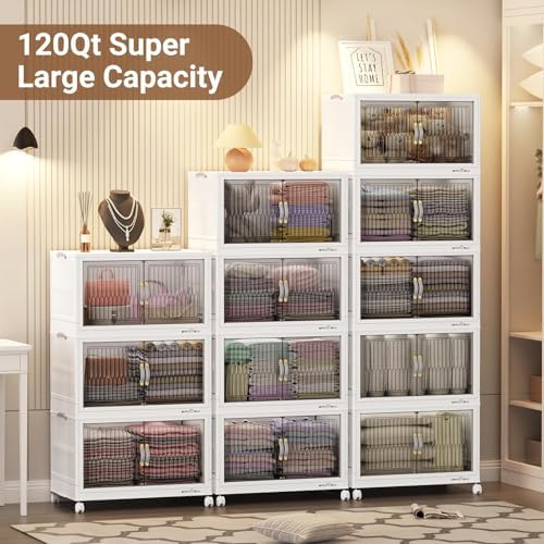 BROVIEW 360Qt Stackable Storage Bins with Lid, Extra Large Closet Organizer Collapsible Drawer Boxes with Wheels, Folding Plastic Cabinet Containers for Home Kitchen Room Organization, 3Pack White - Image 6