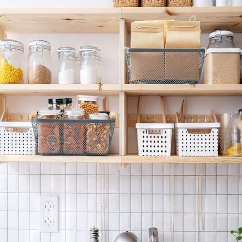 Ziliny 4 Pcs Mesh Wire Baskets for Organizing, Small, Dark Gray | Metal Pantry Organizers with Wooden Handles, Storage Steel Bin, Kitchen Baskets for Fruit Potato Onion Snacks Bath Cabinet - Image 6