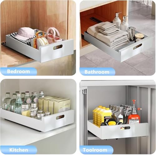 bealy 2 Pack Pull Out Cabinet Organizer Adhesive, 10" Wide 16.9" Deep Pull out Drawers for Face Frame or Frameless Cabinets, No Drill Heavy Duty Carbon Steel Drawer, Pantry Cabinet Shelf - Image 6