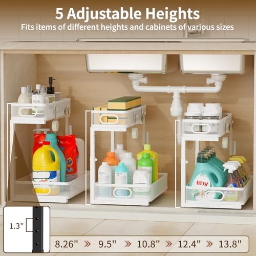Under Sink Organizer 1 Pack, 2-Tier Slide Out Cabinet Organizer with Metal Sliding Drawer and Hooks, Pull Out Storage Baskets for Kitchen Bathroom Pantry Cabinet Organization (White (1 pack)) - Image 6