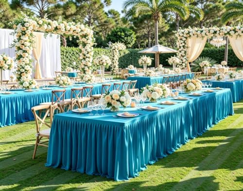 PARTISKY 6 Pack Turquoise Tablecloths for Rectangle Tables 6ft, Wrinkle Resistant Spandex Table Cover Fitted Stretch Table Cloth with Pleated Ruffle Skirts for Party Banquet Dining Birthday Wedding - Image 4