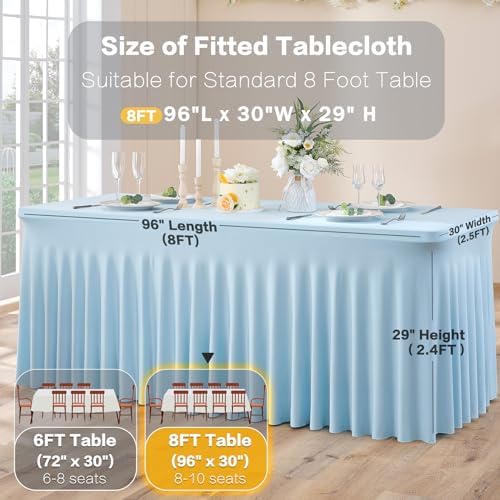 2 Pack Spandex Baby Blue Table Clothes for 8 Foot Rectangle Tables, Wrinkle Free Table Cloth 8ft Stretchy Tablecloths with Skirt for Parties Weddings Birthday Banquet Baby Shower - Image 6