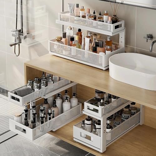 2 Pack 21.3IN-Depth Under Sink Organizer With Next-Gen Ball-Bearing Slides,2-Tier Pull Out Cabinet Storage,Height Adjustable Drawer Shelf for Bathroom,Kitchen,Laundry,Cabinet,Pantry-White - Image 7