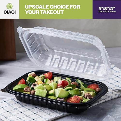 CIAO! 9"x6"x3" Polypropylene Black bottom with Clear Lid Hinged Container 1 Compartment Take Out Container, Microwavable, Recyclable and Reusable, (Case of 150) - Image 7
