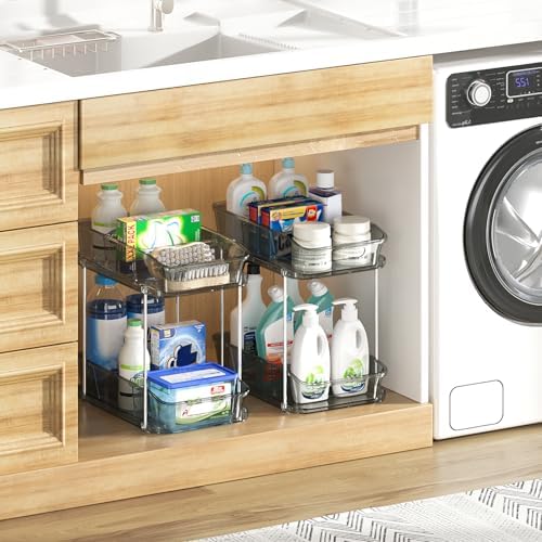 Delamu 2-Tier Under Sink Organizers and Storage, Multi-Purpose Stackable Bathroom Cabinet organizers, Pull Out Kitchen Pantry Organization and Storage with Dividers(2 Pack, Grey) - Image 7