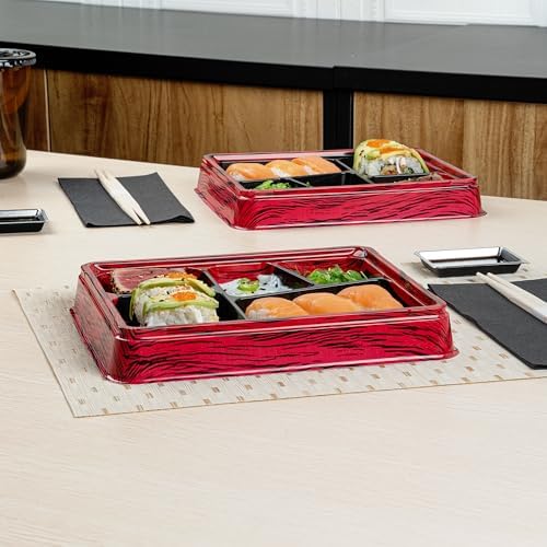 Restaurantware-Bento Tek 18.3 Ounce Meal Prep Containers, 50 Disposable To Go Food Boxes - Lids Sold Separately, 5 Compartments, Red And Black Plastic Bento Lunch Boxes, Freezable, For Take Out - Image 6