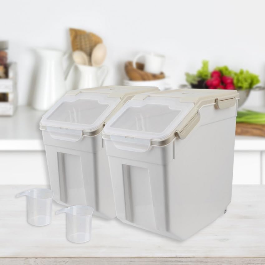 2 Pack Rice Storage Container with Measuring Cup 50 lb Flour Storage Container with Wheels, BPA Free Food Storage Container Dog Cat Food Bin Set for Dry Food Sugar, Cereal(Gray) - Image 6