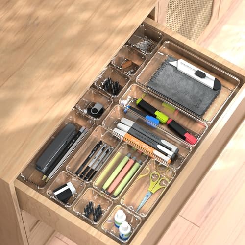 Cetomo 14 Pcs Drawer Organiser Set, Plastic Storage Organizer, Drawer Dividers, Adjustable and Expandable, Container Tray for Kitchen Utensils, Cosmetic, Makeup, Gadgets, Clear, 4 Size-14 Pack - Image 6