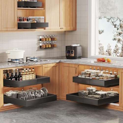 Seinloes 6Pack Expandable Pull Out Cabinet Organizer 21"Deep with Raising Pad for Framed Cabinets,Slide Out Drawers with 4pcs Divider Racks,Roll Out Shelves Adhesive,Adjustable Width 12.05"-20.4"Black - Image 6