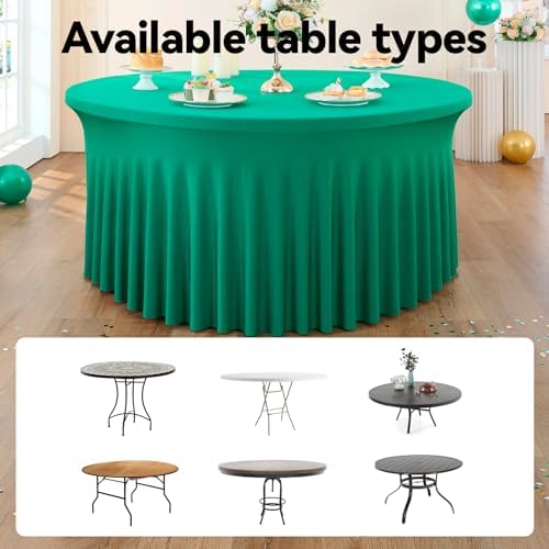 leegleri 6 Pack Emerald Spandex Round Tablecloths, Stretchy 120inch Fitted 5FT Table Cloths with Skirt for Wedding Party Dining Banquet - Image 6