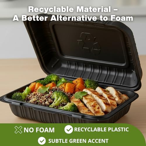 Front Lock MFPP Hinged Container, Black Clamshell Disposable Takeout Boxes, Durable Microwaveable To-Go Containers for Restaurant & Food Service, 9" x 6" – 50 Pack - Image 7