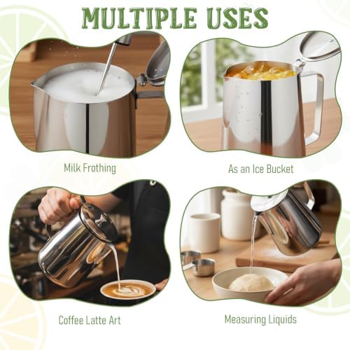 2 Pcs Stainless Steel Pitcher with Lid, 67 oz Silver Metal Measuring Cup with Dual Scale Markings, Milk Frothing Jug for Espresso Machines & Latte Art - Image 7