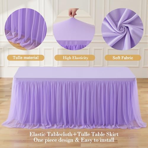 Suppromo 4 Pack 6ft Lavender Tulle Tablecloths for Rectangle Tables, 6 Foot Rectangular Table Cloth Wrinkle Free Table Cover with Tutu Skirt for Wedding Baby Shower Birthday Party Banquet Buffet Cake - Image 6