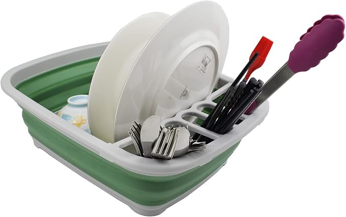 SAMMART 8L (2.11Gallons) Collapsible Plastic Dish Drainer - Foldable Drying Rack - Portable Dinnerware Organizer - Space Saving (Grey+Dark Sea Green (Set of 2)) - Image 6