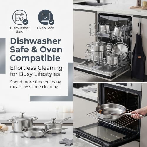 Stainless Steel Cookware Set, 16-Piece Pots and Pans Set Non Toxic, Kitchen Induction Cookware with Glass Lids, Steamer, Utensil Sets, Pot Protectors & Apron, Oven & Dishwasher Safe, Silver - Image 6