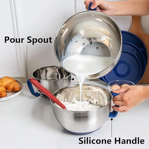 Rorence Stainless Steel Mixing Bowls Set with Lids,1.5,3 & 5 Qt,Blue | Non-Slip Silicone Base,Precision Pour Spout,Ergonomic Easy-Grip Handle,Measurement Marks,Airtight Lids,Cooking & Meal Prep - Image 6