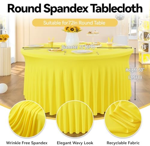 leegleri 6 Pack 72Inch Yellow Spandex Round Tablecloths, Stretchy 132inch Fitted 6FT Round Table Cloths, Wrinkle Free Table Cover with Skirt for Wedding Party Dining Banquet - Image 6